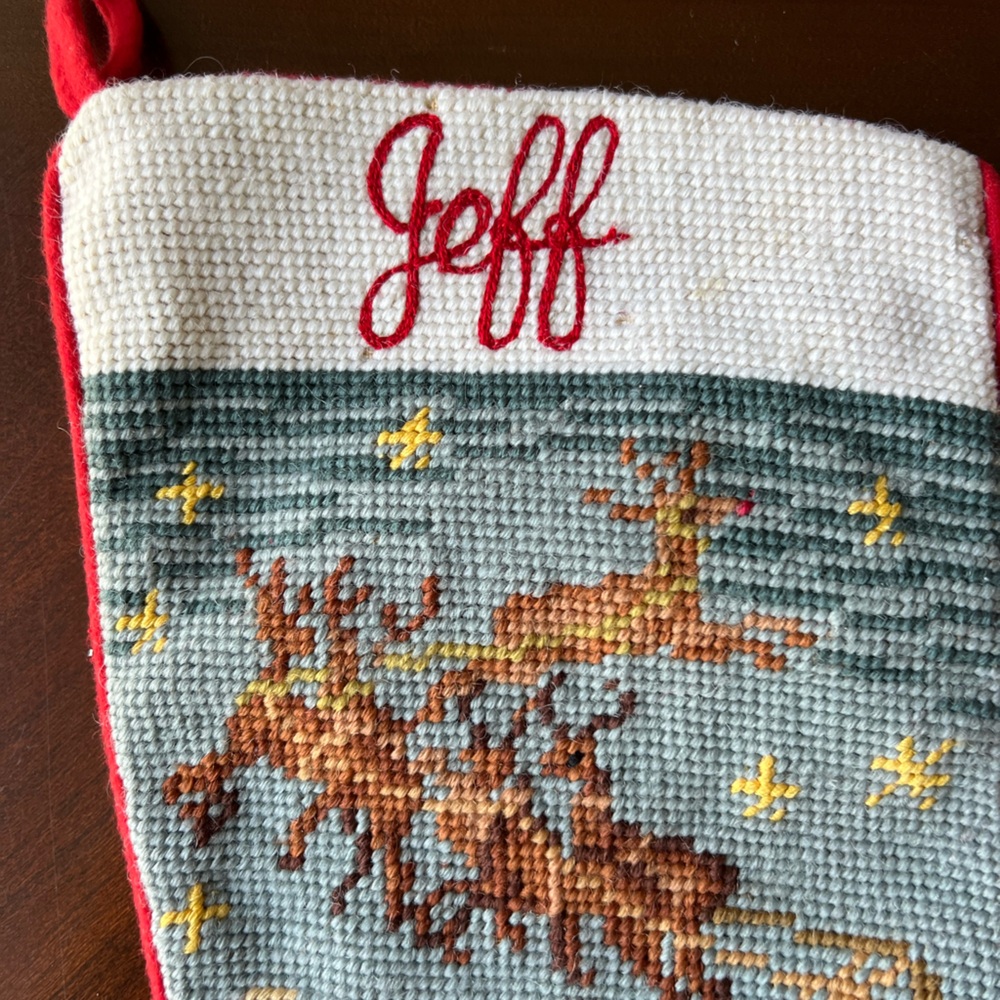 Vintage Needlepoint Christmas Stocking with Santa and Reindeer - Red and Green - Picture 2 of 3